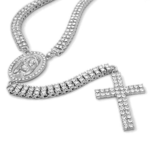 14k White Gold Iced 2 Row Rosary Chain