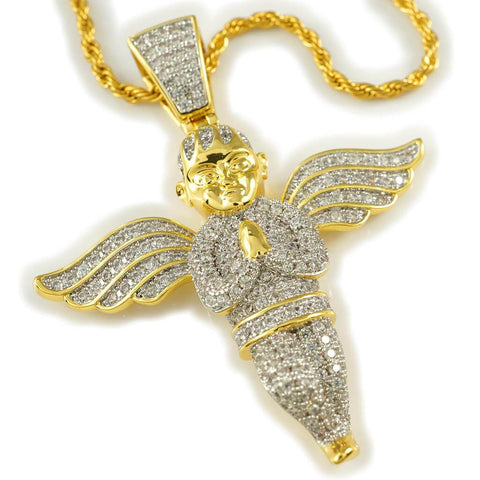 18k Gold Praying Angel Iced Pendant With Rope Chain