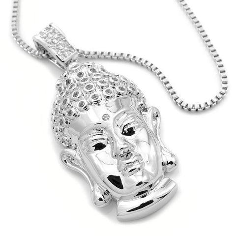 18k White Gold Iced Buddha Pendant With Box Chain