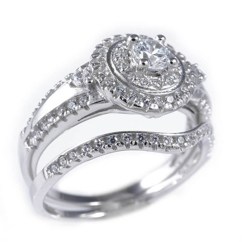 925 Sterling Silver 18k White Gold 2 Piece Accented Halo Ring