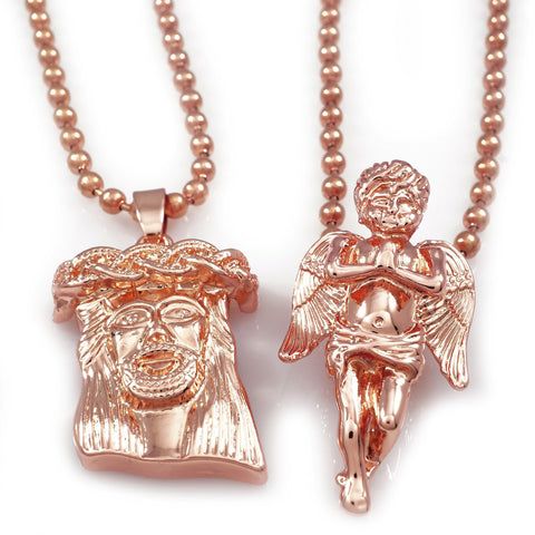 18K Rose Gold Angel and Jesus Piece Combo With Ball Chain