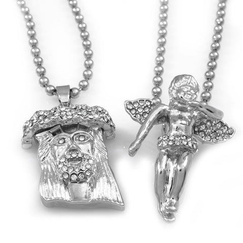 18k Iced White Gold Angel and Jesus Piece Combo With Ball Chain