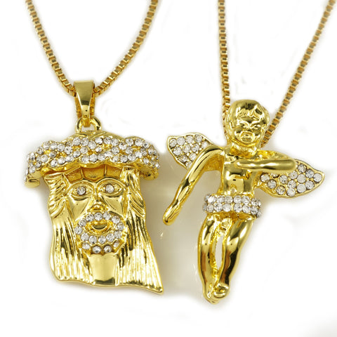 18k Iced Gold Angel and Jesus Piece Combo With Box Chain