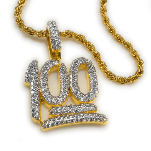 18k Gold Iced 100 Emoji Pendant with Rope Chain