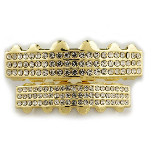 14K 3 Row Iced Gold Grillz