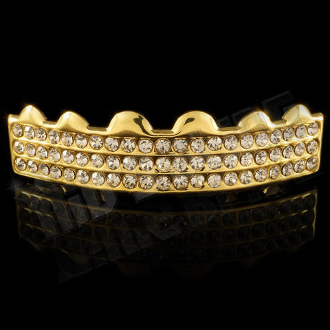 14K 3 Row Iced Gold Grillz