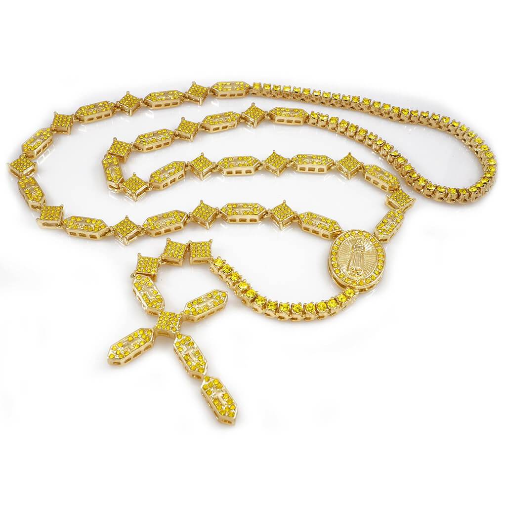 14k Canary Iced Rosary Shapes Chain