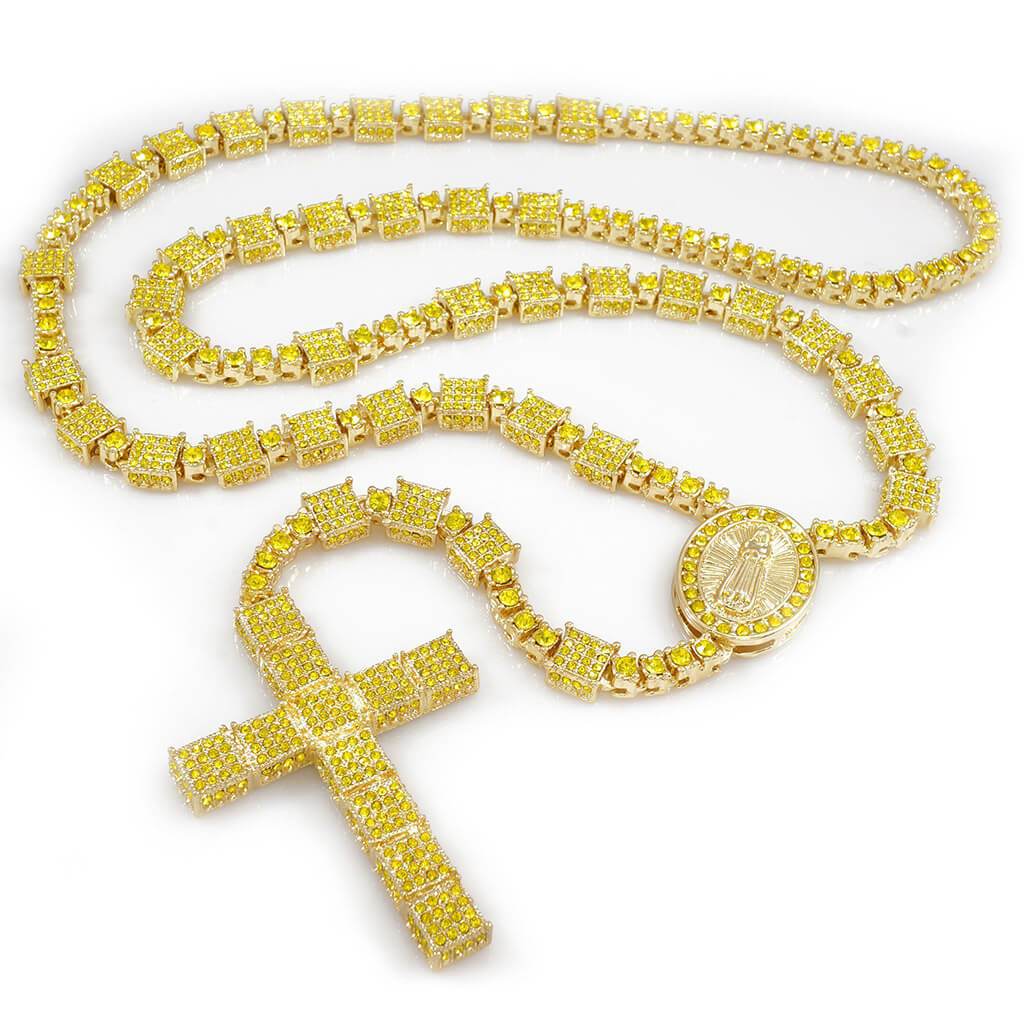 14k Canary Iced Rosary Square Chain