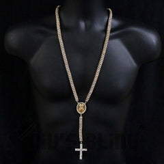 14k Gold Iced 2 Row Rosary Jesus Chain