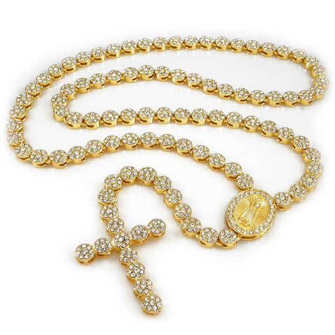 14k Gold Iced Rosary Flower Chain