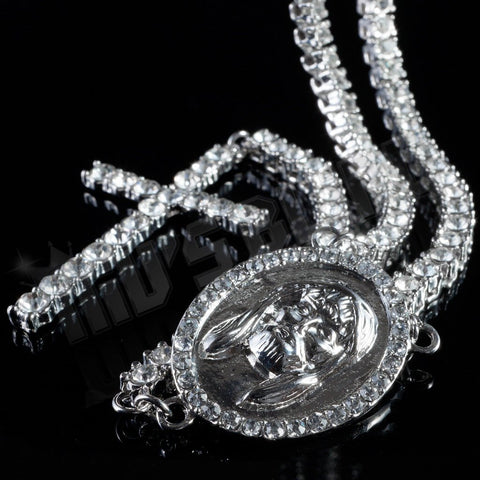 14k White Gold Iced 1 Row Rosary Chain