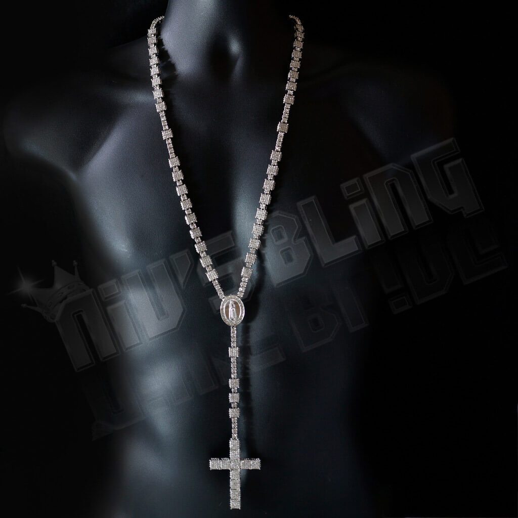 14k White Gold Iced 1 Row Rosary Chain