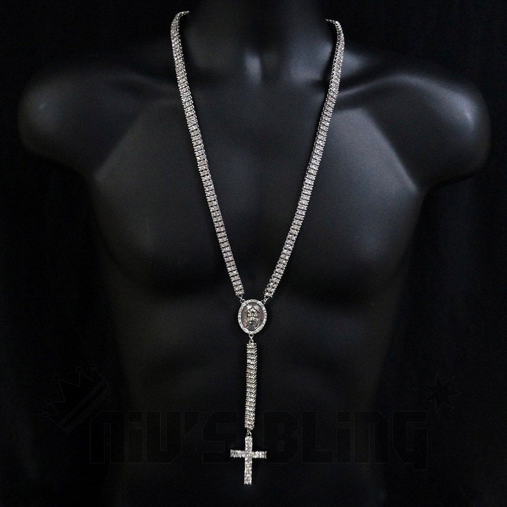 14k White Gold Iced 2 Row Rosary Chain