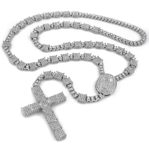 14k White Gold Iced Rosary Square Chain
