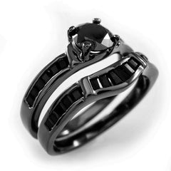 18K Black Gold Wedding Engagement Ring Set