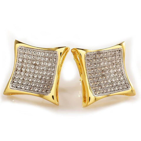 18K Gold Iced Curved Square Stud Earrings