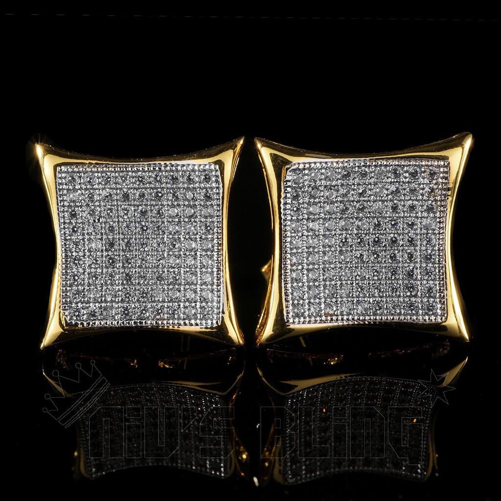 18K Gold Iced Curved Square Stud Earrings