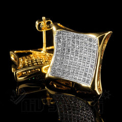 18K Gold Iced Curved Square Stud Earrings