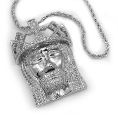 18K White Gold Crowned Jesus Piece with Rope Chain