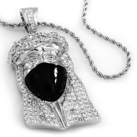 18K White Gold Iced Bandana Jesus Piece With Rope Chain