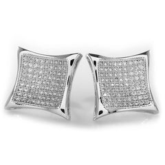 18K White Gold Iced Curved Square Stud Earrings