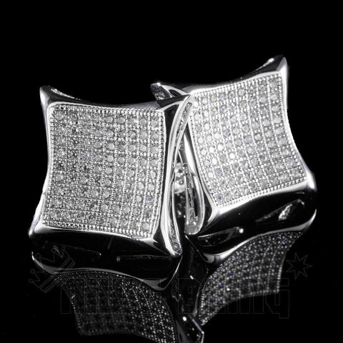 18K White Gold Iced Curved Square Stud Earrings