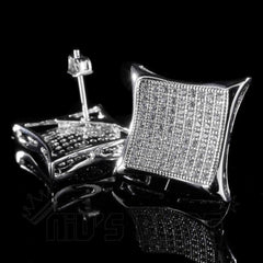 18K White Gold Iced Curved Square Stud Earrings