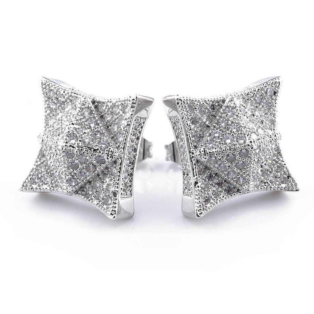 18K White Gold Iced Pyramid Stud Earrings