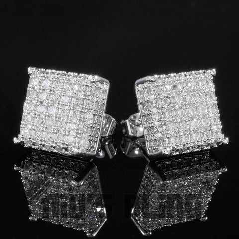 18K White Gold Iced Square Stud Earrings