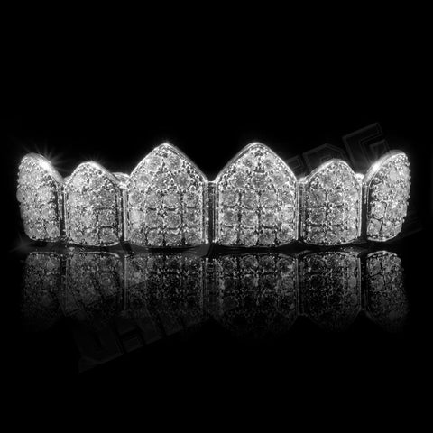 18K White Gold Plated CZ Cluster Top Bottom Grillz