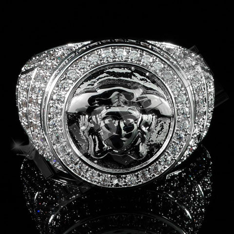 18K White Gold Plated Iced Medusa Ring