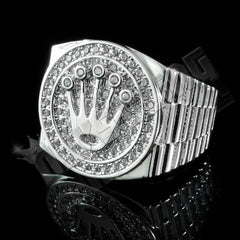 18K White Gold Plated Iced Presidential Ring