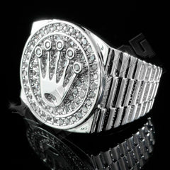 18K White Gold Plated Iced Presidential Ring