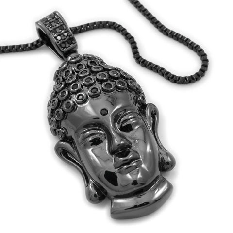 18k Black Gold Iced Buddha Pendant With Box Chain