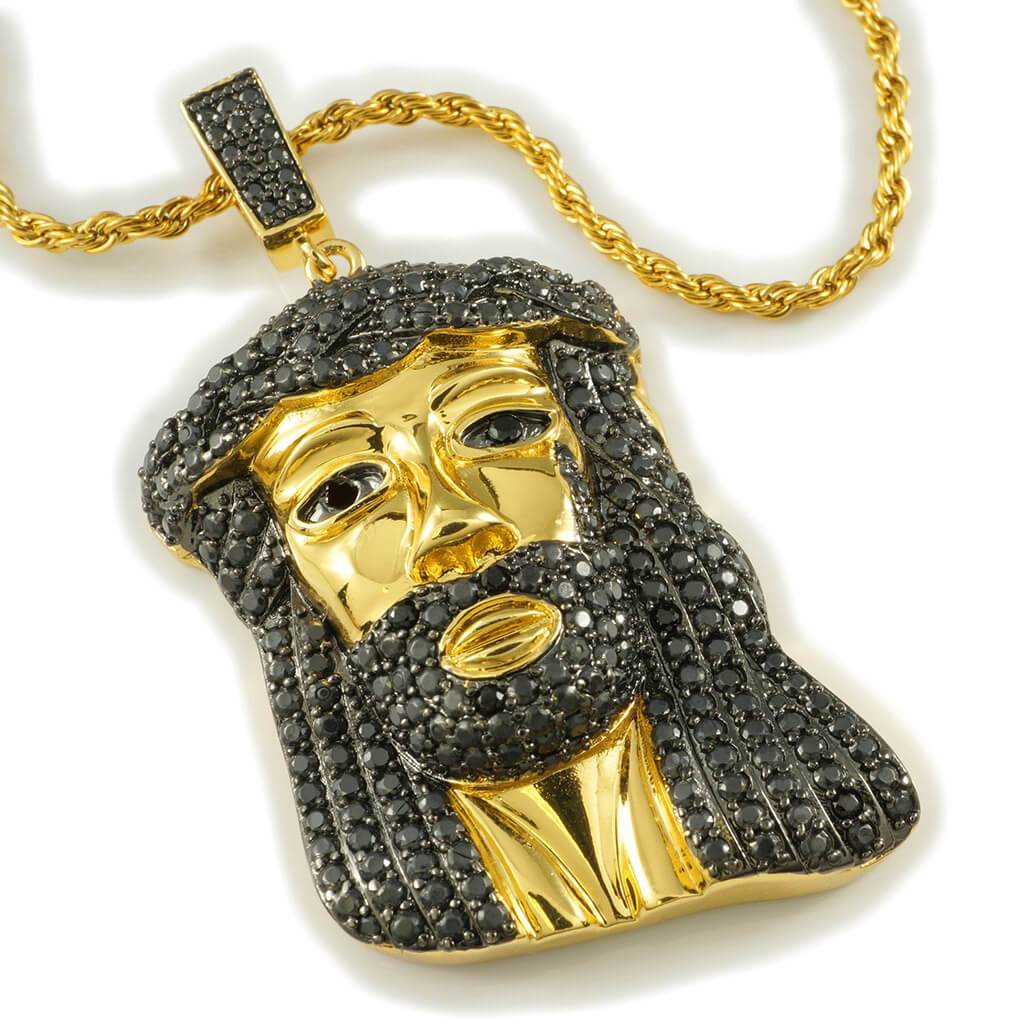 18k Gold Black Iced Mini Jesus Piece 8 With Rope Chain