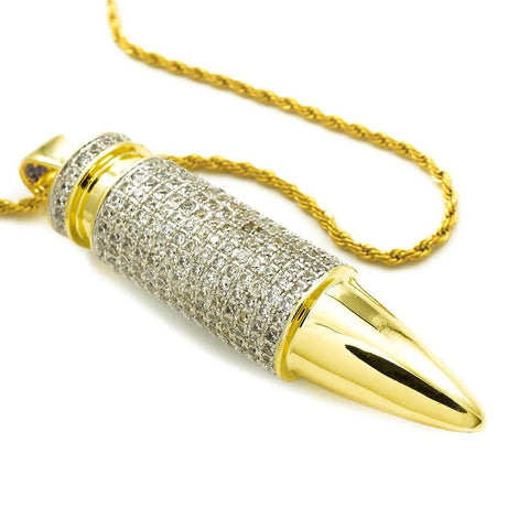 18k Gold Iced Bullet with Rope Chain