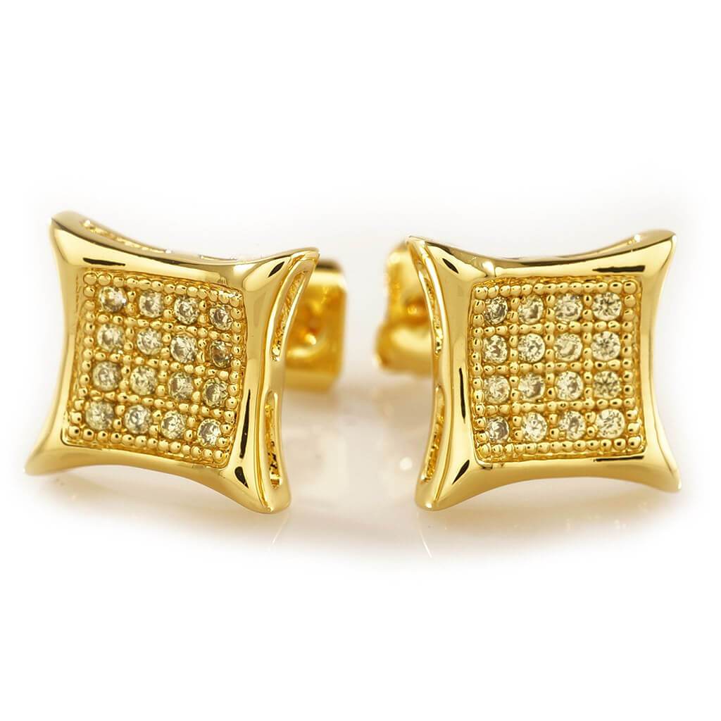 18k Gold Iced Canary CZ Square Kite Stud Earrings