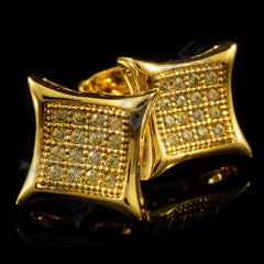 18k Gold Iced Canary CZ Square Kite Stud Earrings