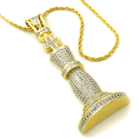 18k Gold Iced Chess Pendant with Rope Chain