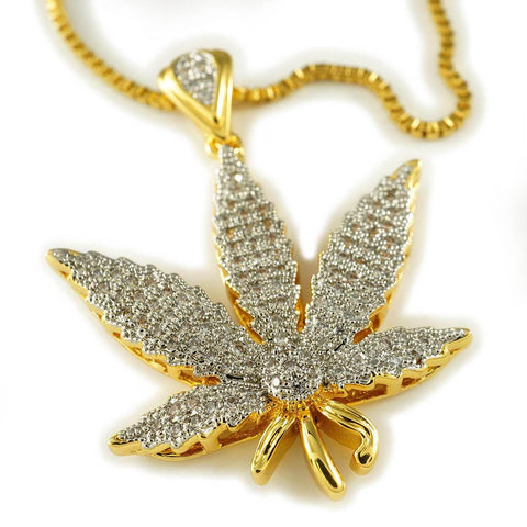 18k Gold Iced Weed Pendant with Box Chain