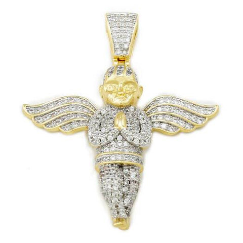 18k Gold Praying Angel Iced Pendant With Rope Chain