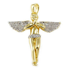 18k Gold Praying Mini Angel Pendant With Rhodium Prongs and Box Chain