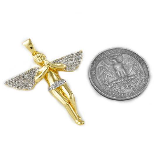 18k Gold Praying Mini Angel Pendant With Rhodium Prongs and Box Chain