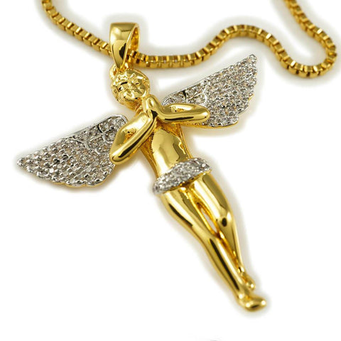 18k Gold Praying Mini Angel Pendant With Rhodium Prongs and Box Chain