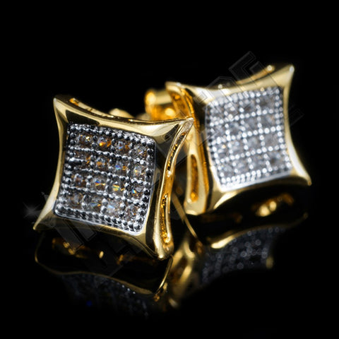 18k Gold Rhodium Iced Square Kite Stud Earrings