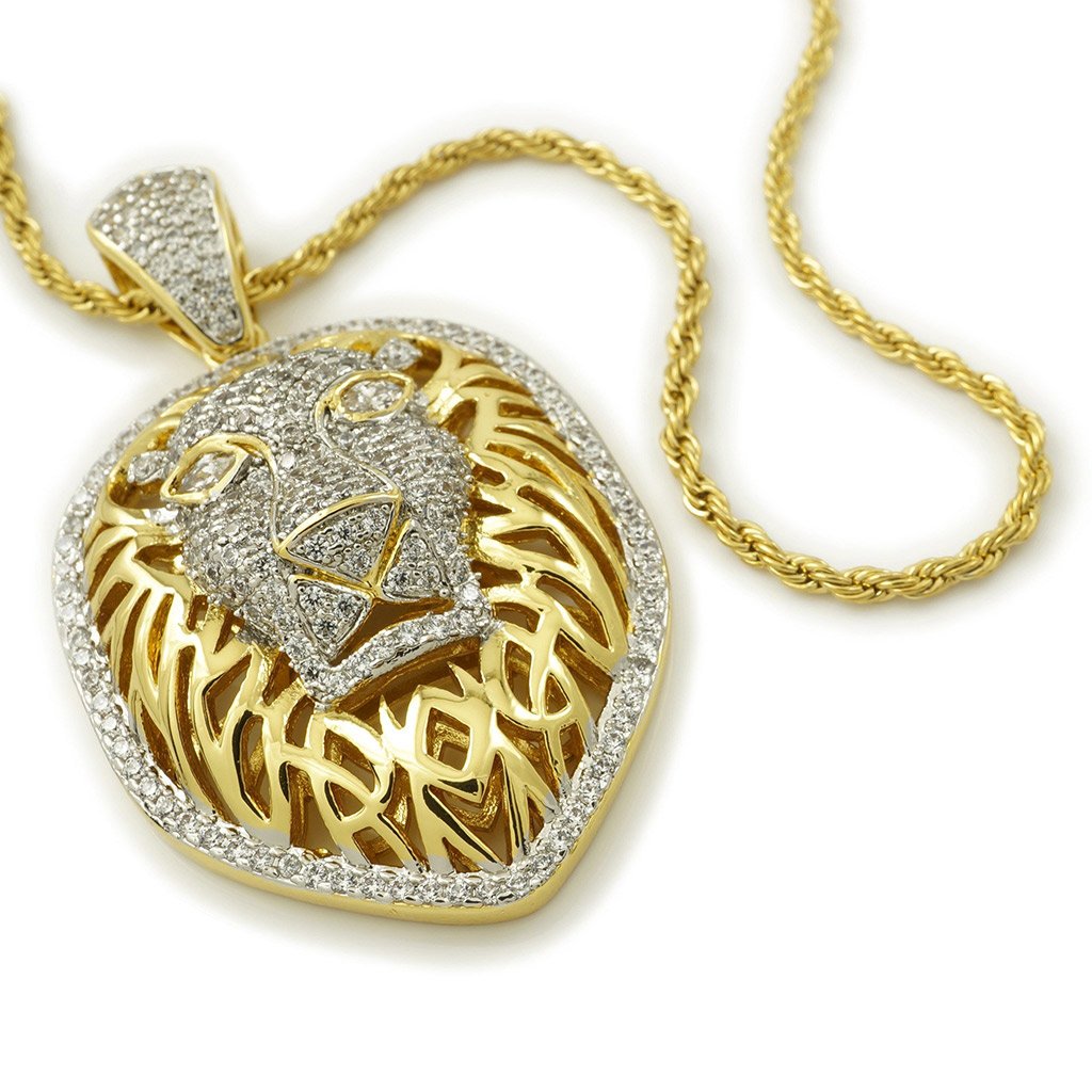 18k Gold Tiger King Lion Pendant with Rope Chain