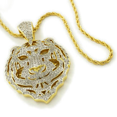 18k Gold Tiger Lion Pendant with Rope Chain