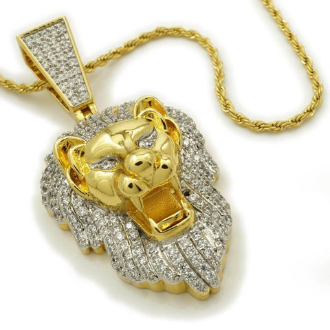 18k Gold Tiger Lion Roar Pendant with Rope Chain
