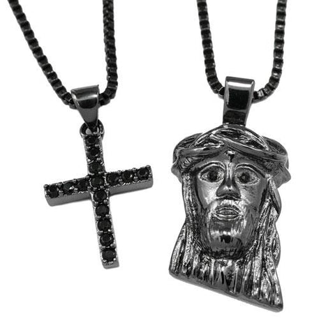 18k Black Gold Jesus + Iced Cross Combo With Box Chain
