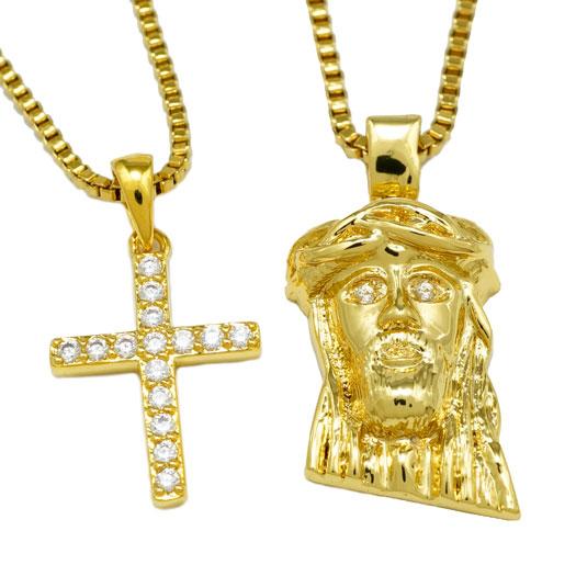 18k Gold Jesus + Iced Cross Combo With Box Chain